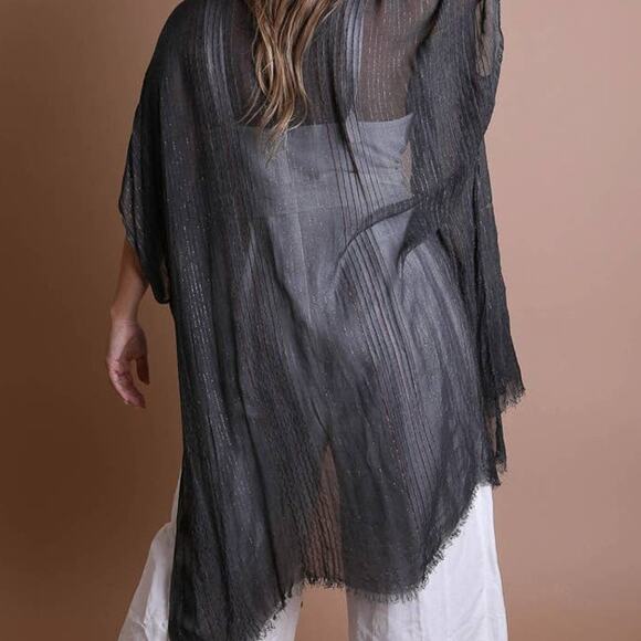 Stripe Lurex Lined Wrap Shawl Kimono Charcoal - Picture 2 of 3